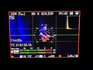 Singer/songwriter and legendary guitarist Richard Thompson, as seen through the State of the Arts camera monitor during sound check